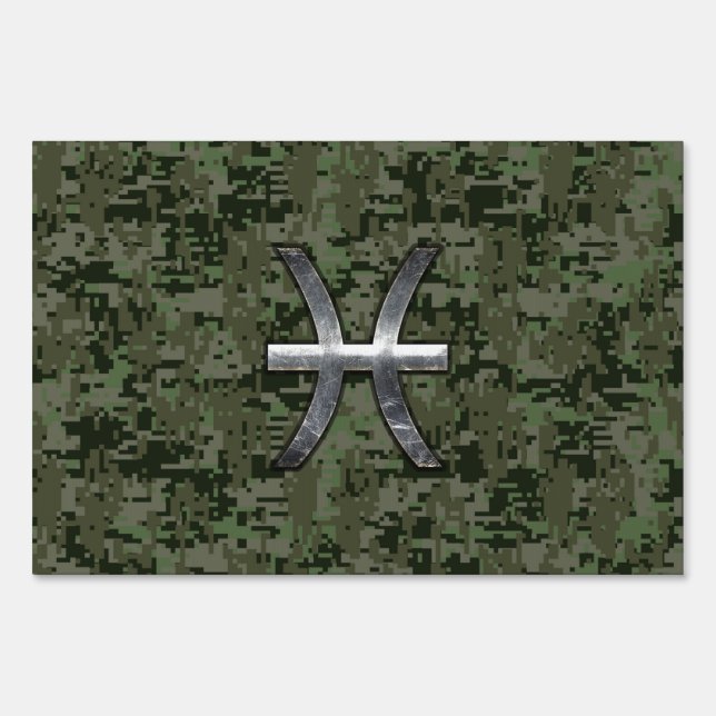 Pisces Zodiac Sign on Woodland Digital Camouflage (Front)