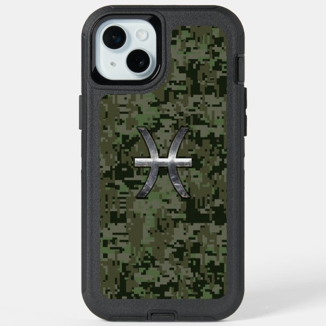 Pisces Zodiac Sign on Woodland Digital Camouflage iPhone 15 Plus Case (Back)