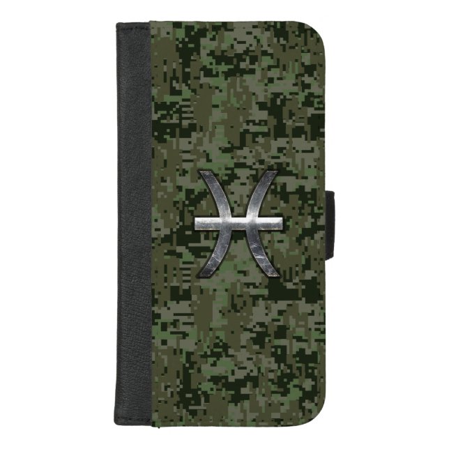 Pisces Zodiac Sign on Woodland Digital Camouflage iPhone Wallet Case (Front)