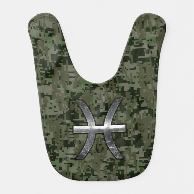 Pisces Zodiac Sign on Woodland Green Digital Camo Bib (Front)