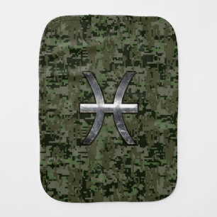 Pisces Zodiac Sign on Woodland Green Digital Camo Burp Cloth