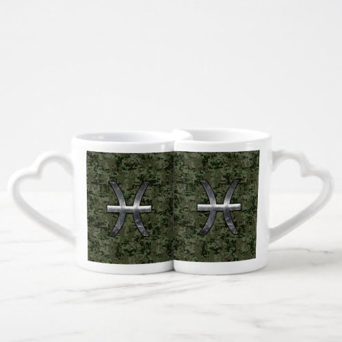 Pisces Zodiac Sign on Woodland Green Digital Camo Coffee Mug Set