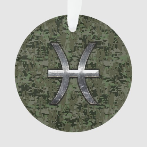 Pisces Zodiac Sign on Woodland Green Digital Camo Ornament