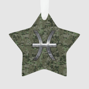 Pisces Zodiac Sign on Woodland Green Digital Camo Ornament