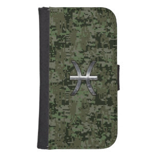 Pisces Zodiac Sign on Woodland Green Digital Camo Galaxy S4 Wallet Case