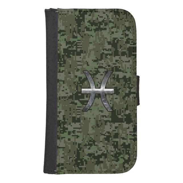 Pisces Zodiac Sign on Woodland Green Digital Camo Samsung Galaxy Wallet Case (Front)