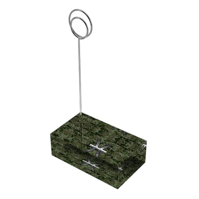 Pisces Zodiac Sign on Woodland Green Digital Camo Table Number Holder (Corner)