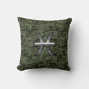 Pisces Zodiac Sign on Woodland Green Digital Camo Throw Pillow