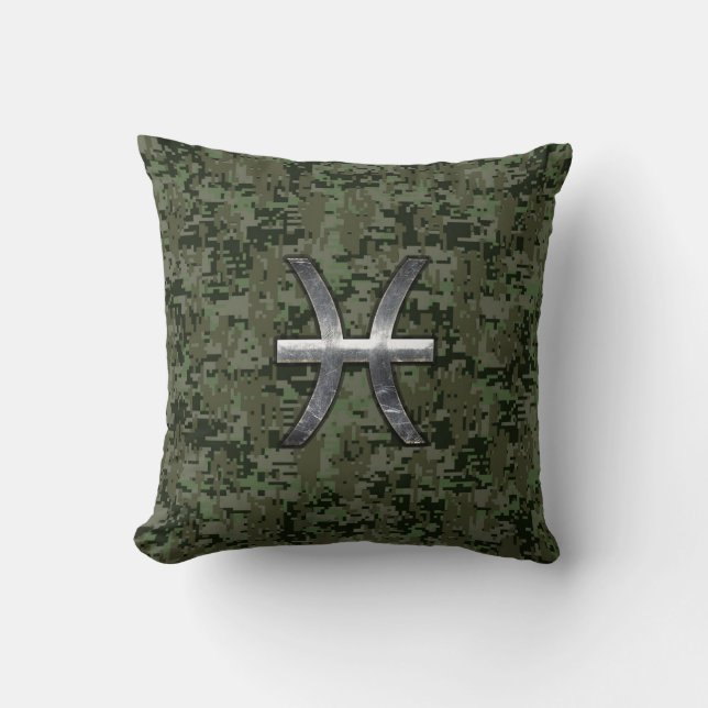 Pisces Zodiac Sign on Woodland Green Digital Camo Throw Pillow (Front)