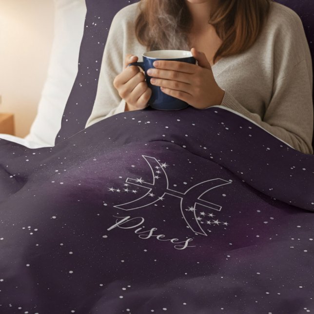 Pisces Zodiac Sign Purple Galaxy Duvet Cover (A purple galaxy inspired duvet cover with the zodiac sign of Pisces, the Fish. Just add your name)