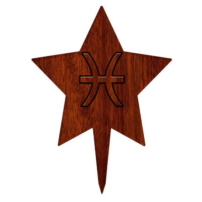 Pisces Zodiac Sign Rich Mahogany wood grain style Cake Topper (Front)