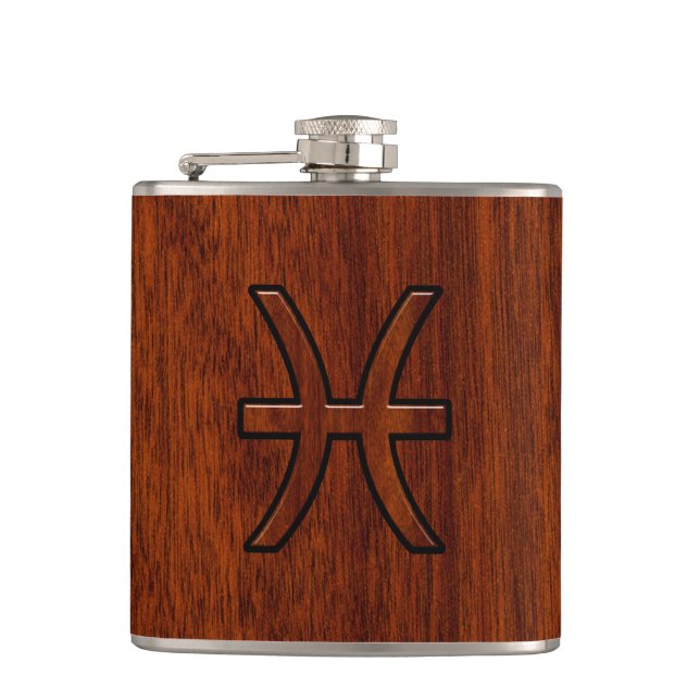 Pisces Zodiac Sign Rich Mahogany wood grain style Flask (Front)