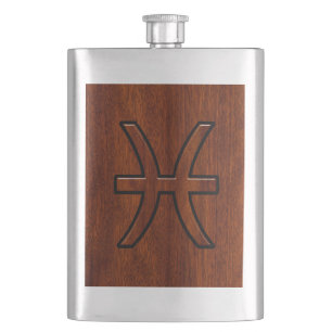 Pisces Zodiac Sign Rich Mahogany wood grain style Hip Flask
