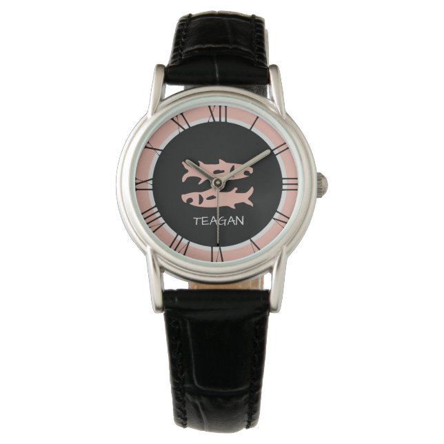 Pisces Zodiac Sign Rose Pink Gray Custom Name Watch (Front)