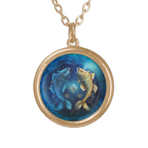 Pisces Zodiac Sign Watercolor Design Gold Plated Necklace