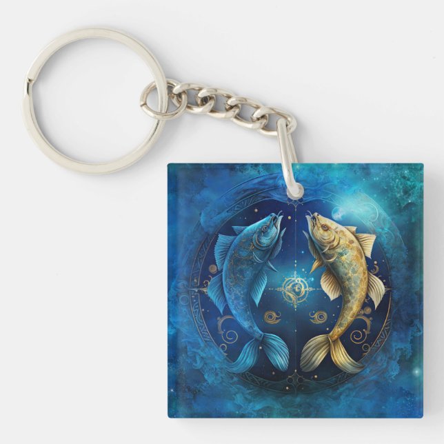 Pisces Zodiac Sign Watercolor Design Keychain (Front)