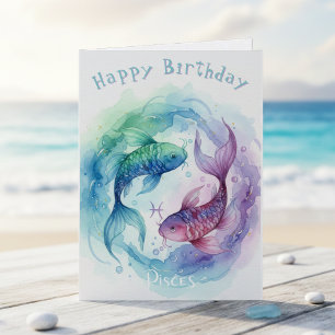 Pisces Zodiac Sign Watercolor Fish Happy Birthday Card
