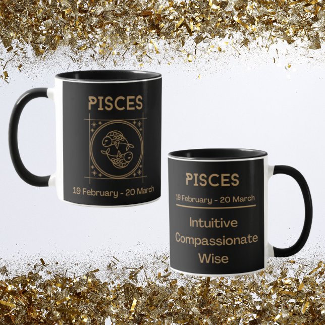 Pisces Zodiac Sign with Symbol and Traits Mug (Pisces Zodiac Coffee Mug with traits)