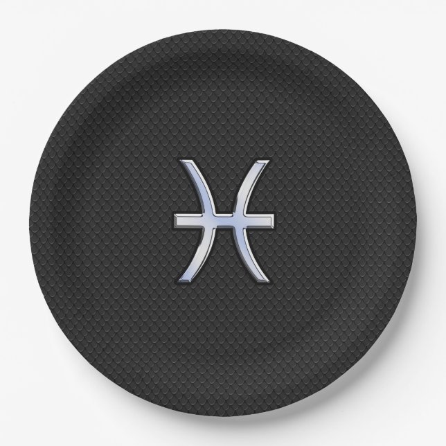 Pisces Zodiac Silver Symbol Black Snake Skin style Paper Plates (Front)