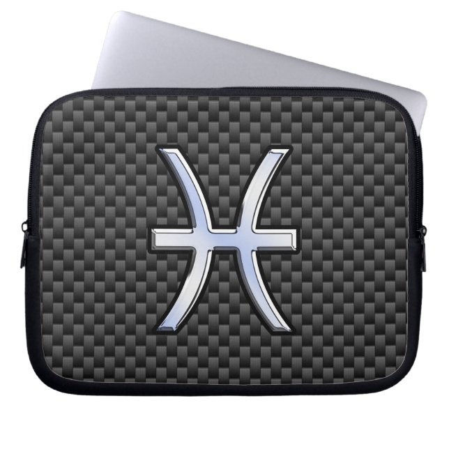Pisces Zodiac Silver Symbol Carbon Fiber Style Laptop Sleeve (Front)