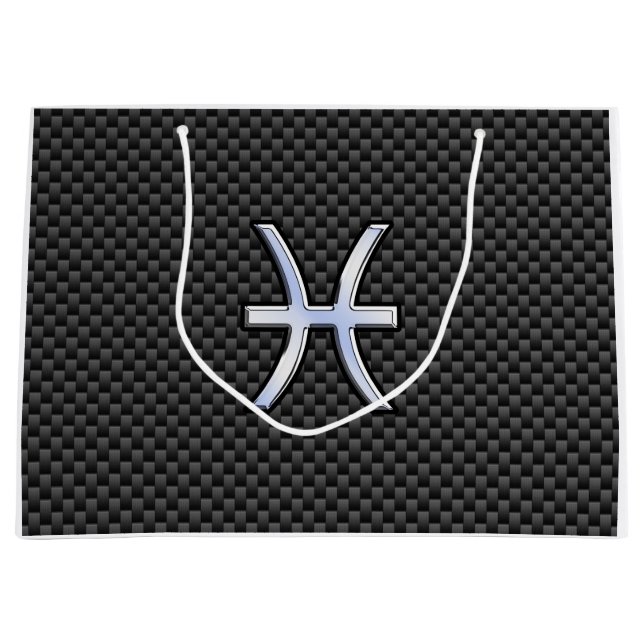 Pisces Zodiac Silver Symbol Carbon Fiber Style Large Gift Bag (Front)