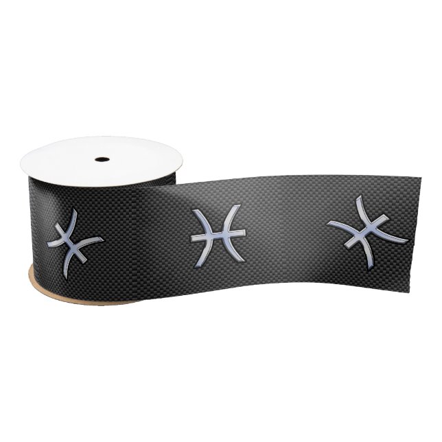 Pisces Zodiac Silver Symbol Carbon Fiber Style Satin Ribbon (Spool)