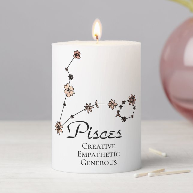 Pisces Zodiac Star Sign Flower Constellation Pillar Candle (In Situ)