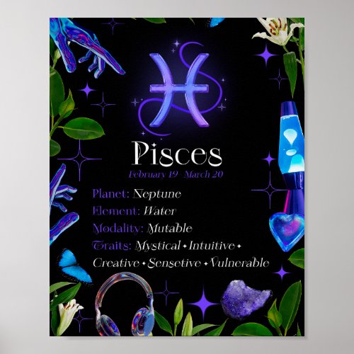 Pisces Zodiac Star Sign Y2K Black 45 Poster
