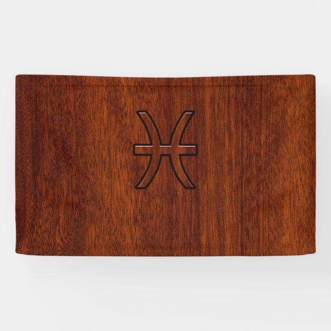 Pisces Zodiac Symbol Brown Mahogany wood style Banner (Horizontal)