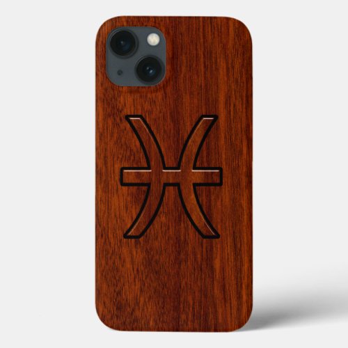 Pisces Zodiac Symbol Brown Mahogany wood style iPhone 13 Case