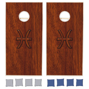 Pisces Zodiac Symbol Brown Mahogany wood style Cornhole Set