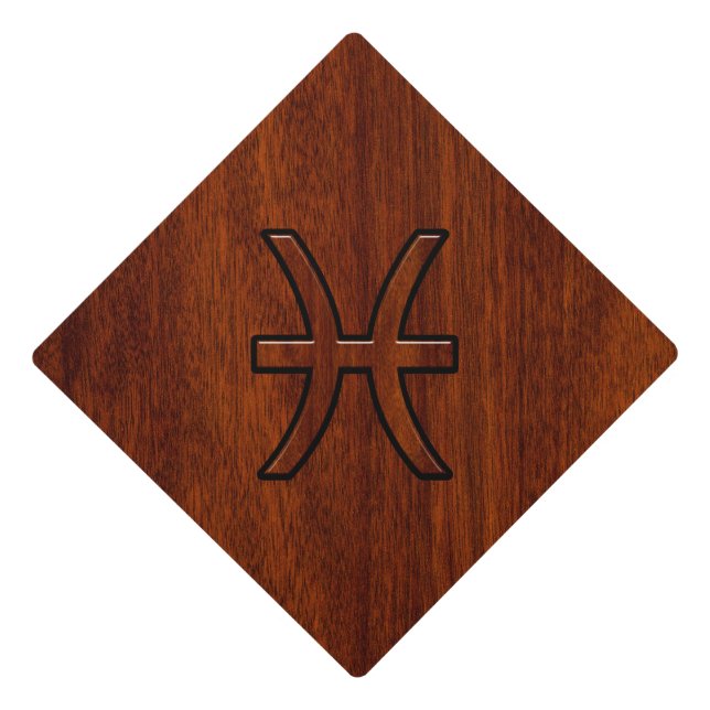 Pisces Zodiac Symbol Brown Mahogany wood style Graduation Cap Topper (Front)