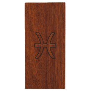 Pisces Zodiac Symbol Brown Mahogany wood style Wood Flash Drive