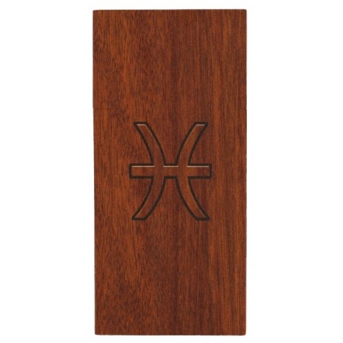 Pisces Zodiac Symbol Brown Mahogany wood style Wood Flash Drive