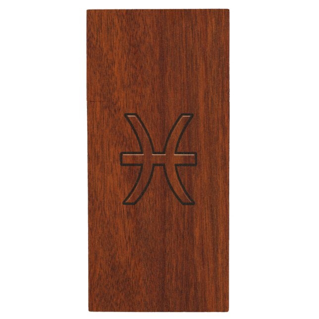 Pisces Zodiac Symbol Brown Mahogany wood style Wood Flash Drive (Front Vertical)