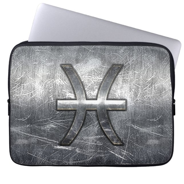 Pisces Zodiac Symbol in Grunge Steel Print Laptop Sleeve (Front)