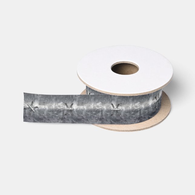 Pisces Zodiac Symbol in Grunge Steel Print Satin Ribbon (Spool)