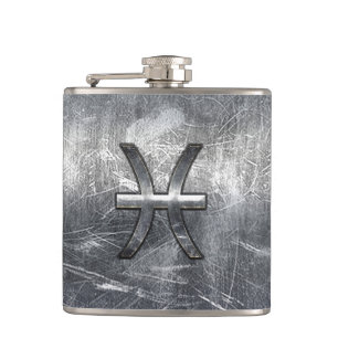 Pisces Zodiac Symbol in grunge steel style print Hip Flask