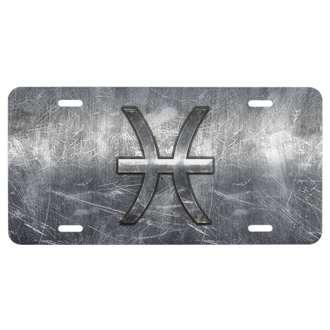 Pisces Zodiac Symbol in grunge steel style print License Plate (Front)