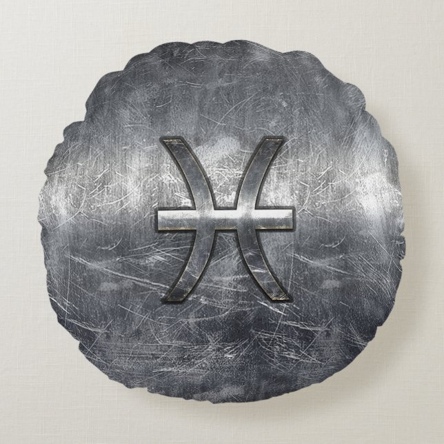 Pisces Zodiac Symbol in grunge steel style print Round Pillow (Front)