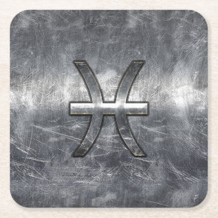 Pisces Zodiac Symbol in grunge steel style print Square Paper Coaster