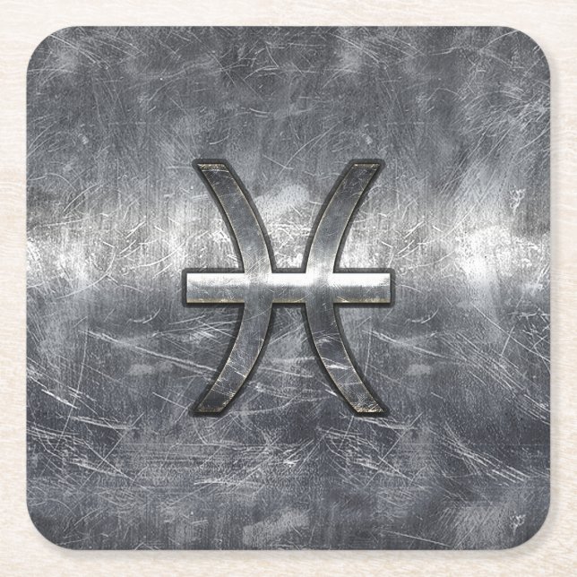 Pisces Zodiac Symbol in grunge steel style print Square Paper Coaster (Front)