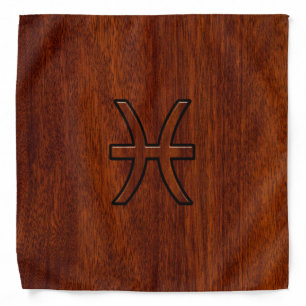 Pisces Zodiac Symbol in Mahogany wood grain style Bandana