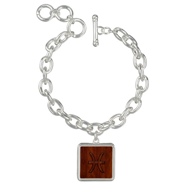 Pisces Zodiac Symbol in Mahogany wood grain style Charm Bracelet (Product)