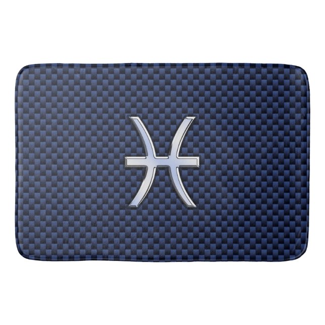 Pisces Zodiac Symbol Navy Blue Carbon Fiber Print Bath Mat (Front)