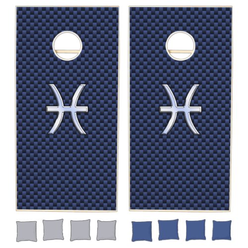 Pisces Zodiac Symbol Navy Blue Carbon Fiber Print Cornhole Set
