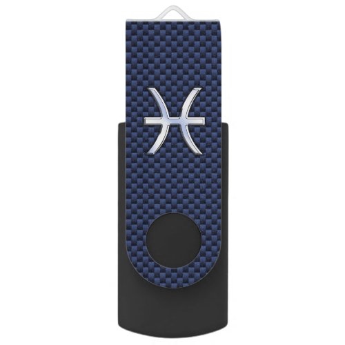 Pisces Zodiac Symbol Navy Blue Carbon Fiber Print Flash Drive