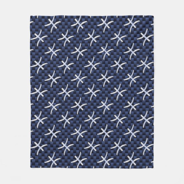 Pisces Zodiac Symbol Navy Blue Carbon Fiber Print Fleece Blanket (Front)