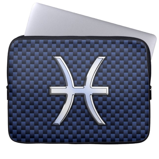 Pisces Zodiac Symbol Navy Blue Carbon Fiber Print Laptop Sleeve (Front)