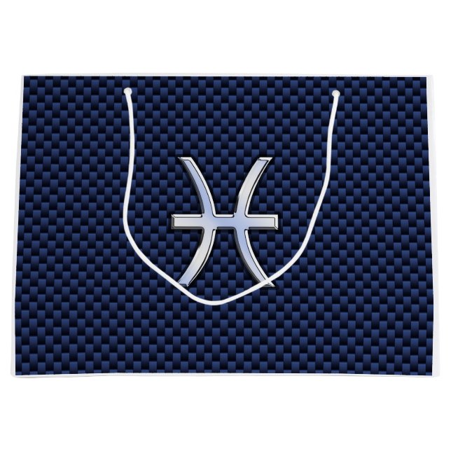 Pisces Zodiac Symbol Navy Blue Carbon Fiber Print Large Gift Bag (Front)
